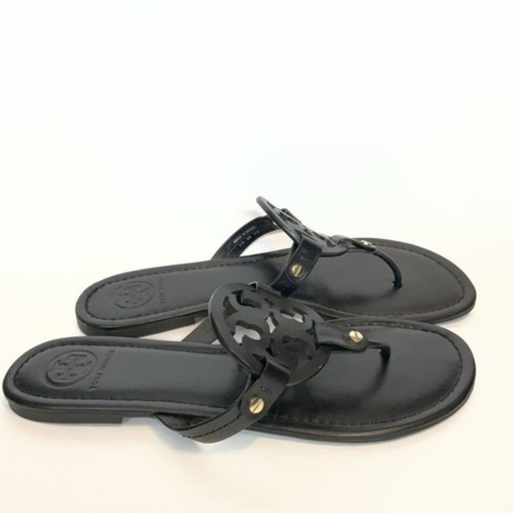 Tory Burch Miller Black Logo SlipOn Flat Thong Sandals Women 11M Brazil Leather - Picture 11 of 11